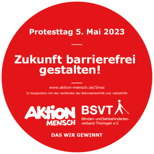 Button - Zukunft barrierefrei gestalten -mit dem Logo des BSVT und der Aktion Mensch